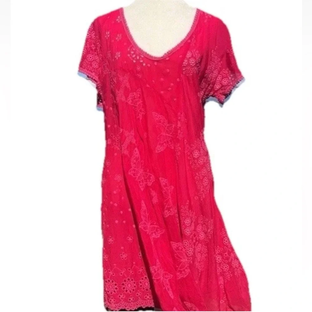 John Was Embroidered Butterfly Fuchsia PinkEyelet Short Sleeve Tunic Top Dress - Picture 2 of 10